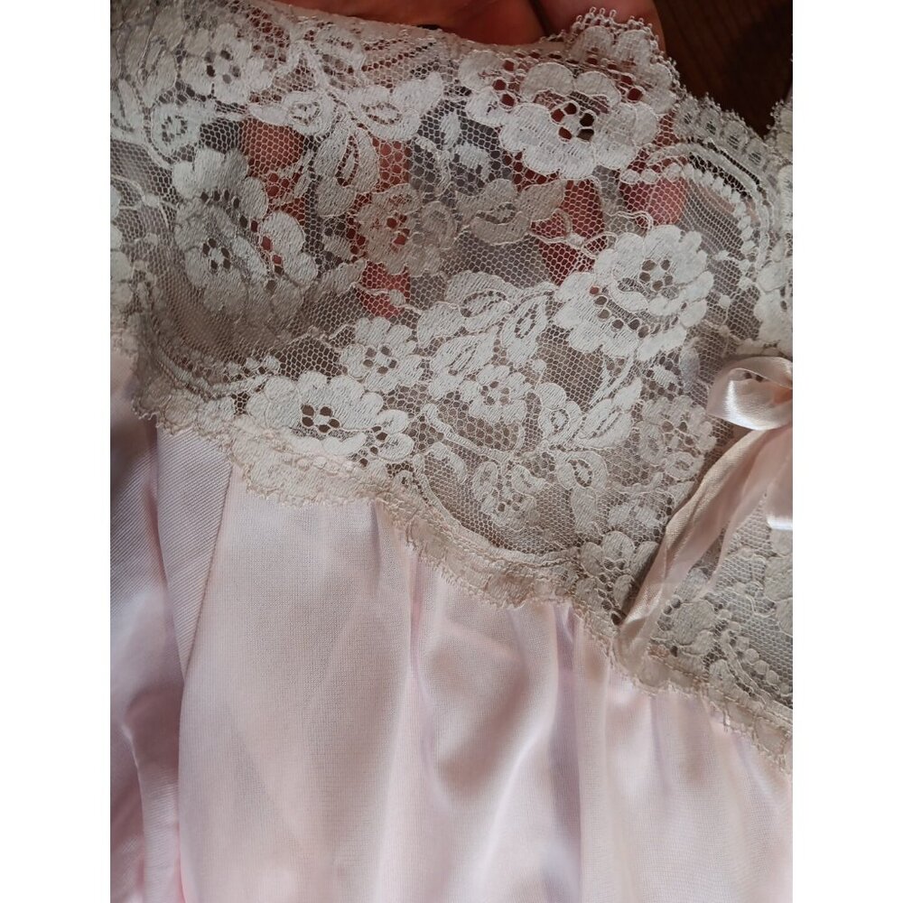 Vtg Sears Womens M 42-44 Pink Sheer Long Nightgown Nylon Lace Front 3/4 Sleeve - Picture 4 of 7